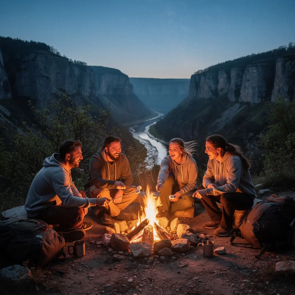 Hikers navigating a steep ladder trail surrounded by lush greenery and towering rock formations.
